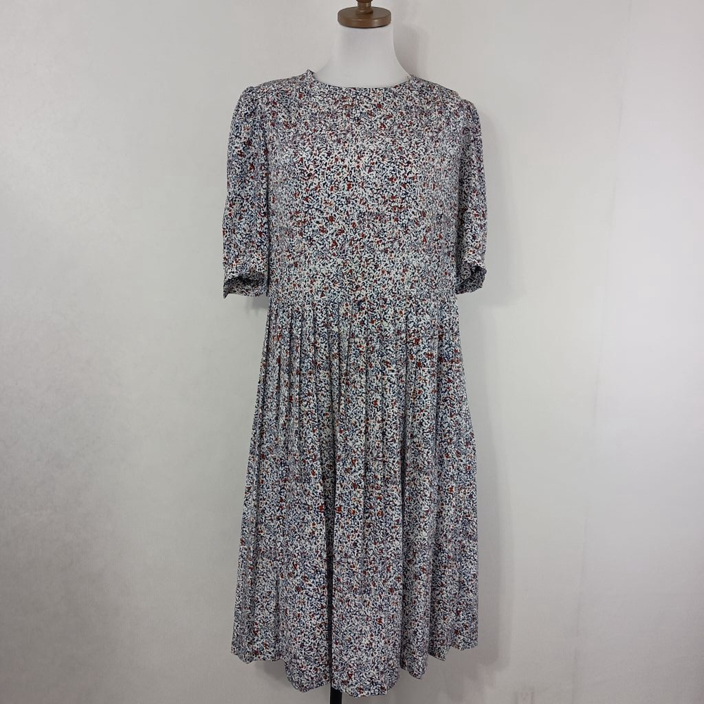 Vintage 80s Plus Size Women's Blue Abstract Floral Blouson Midi Dress Secretary